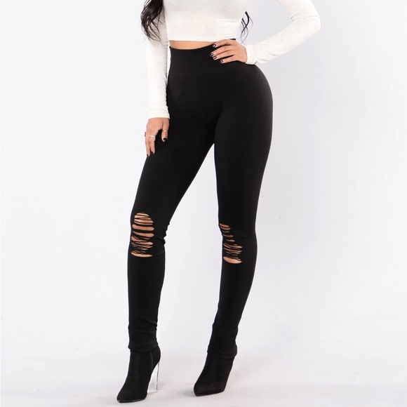 Fashion Nova Pants - Black leggings with ripped knees tummy control